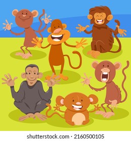 Cartoon illustration of funny monkeys wild animal characters group