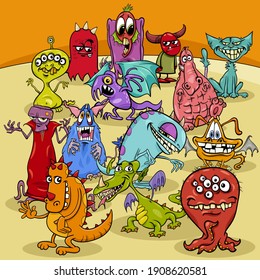 Cartoon illustration of funny monsters fantasy characters group