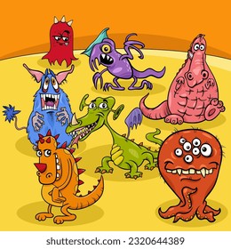 Cartoon illustration of funny monsters fantasy characters group