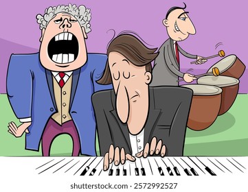 Cartoon illustration of funny musicians band playing a concert