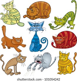 cartoon illustration of funny nine cats set