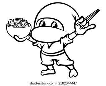 Cartoon illustration of Funny Ninja Warrior holding a bowl of ramen noodles and chopsticks, get ready to eat, best for mascot, logo, and coloring book with Japanese Food themes