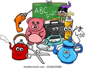 Cartoon illustration of funny objects characters group
