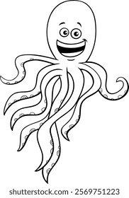 Cartoon illustration of funny octopus marine animal character coloring page