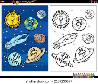 Cartoon illustration of funny orbs and planets comic characters in space coloring page