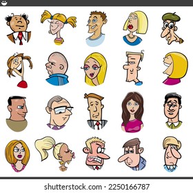 Cartoon illustration of funny people characters faces and moods set