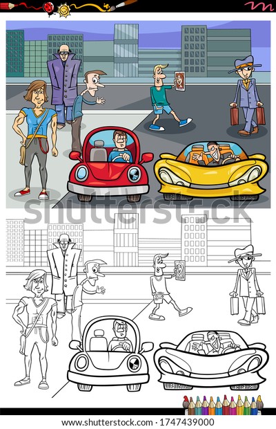 Cartoon Illustration of Funny People\
Characters Group on the Street Coloring Book\
Page