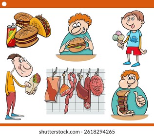 Cartoon illustration of funny people and food objects collection