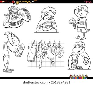 Cartoon illustration of funny people and food objects collection coloring page