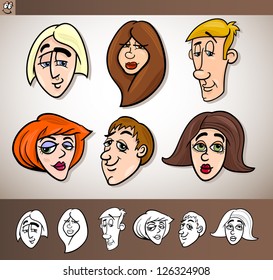 Cartoon Illustration of Funny People Set with Men and Women Heads plus Black and White versions