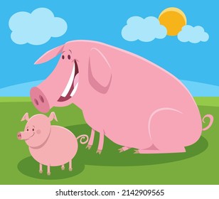 Cartoon illustration of funny pig farm animal character with cute piglet