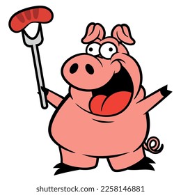 Cartoon illustration of Funny Pig holding a grilled sausage with fork. Best for sticker, logo, and mascot with fast food themes for kids