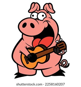 Ilustración de caricatura de Funny Pig tocando una guitarra. Mejor para pegatinas, logotipo y mascota con instrumentos musicales para niños