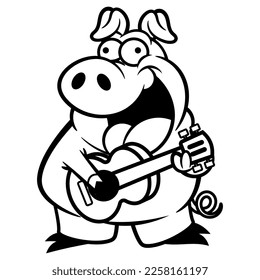 Cartoon illustration of Funny Pig playing a guitar. Best for outline, logo, and coloring book with musical instrument themes for kids
