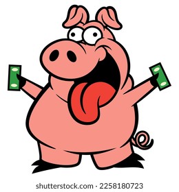 Cartoon illustration of Funny Pig showing a money. Best for sticker, logo, and mascot with savings themes for kids