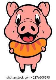 Cartoon illustration of Funny Piglets holding a grilled sausage, best for sticker, mascot, and logo with fast food business themes for kids