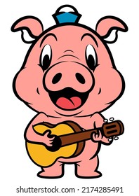Cartoon illustration of Funny Piglets wearing cap and playing acoustic guitars, best for sticker, mascot, and logo with animal farm themes for kids