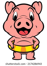 Cartoon illustration of Funny Piglets wearing lifebuoy and get ready to swim, best for sticker, mascot, and logo with animal farm themes for kids