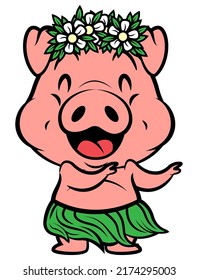 Cartoon illustration of Funny Piglets wearing hawaiian costume like lei and hula, and doing hula hula dance, best for sticker, mascot, and logo with summer themes for kids