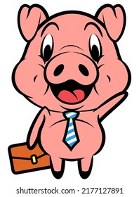 Cartoon illustration of Funny Piglets wearing a tie, holding a bag of document while greeting, best for sticker, mascot, and logo with working at office themes for kids