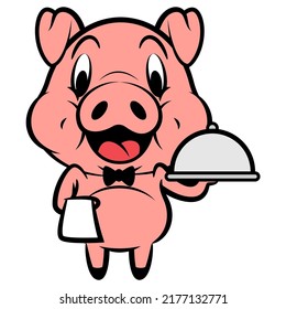 Cartoon Illustration Of Funny Piglets Wearing Bow Ties As A Butler, Carrying A Cloche And Hand Towel, Best For Sticker, Mascot, And Logo With Luxurious Restaurants Service Themes For Kids