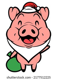 Cartoon illustration of Funny Piglets wearing santa claus costume like white beard and santa cap, and carrying A sack of gift to delivered for a good kids