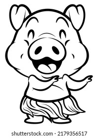 Cartoon illustration of Funny Piglets wearing hawaiian costume like lei and hula, and doing hula hula dance, best for sticker, mascot, and coloring book for kids