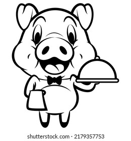 Cartoon Illustration Of Funny Piglets Wearing Bow Ties As A Butler, Carrying A Cloche And Hand Towel, Best For Sticker, Mascot, And Coloring Book For Kids