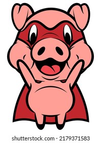 Cartoon illustration of Funny Piglets wearing Superhero costume and flying, best for sticker, mascot, and logo with Superhero themes for kids