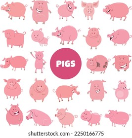 Cartoon illustration of funny pigs farm animal characters big set