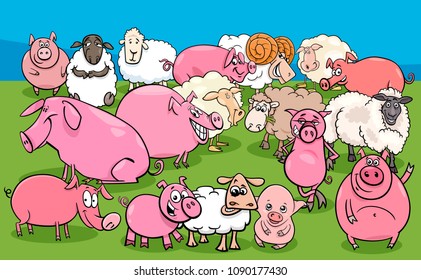 Cartoon Illustration of Funny Pigs and Sheep Farm Animal Characters Group