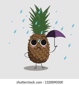 cartoon illustration of funny pineapple caracter holding umbrella on rainyday