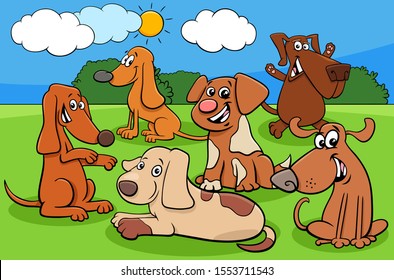 Cartoon Illustration of Funny Playful Dogs and Puppies Pet Animal Characters Group