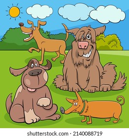 Cartoon illustration of funny playful dogs animal characters in the park