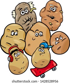 Cartoon Illustration of Funny Potatoes Vegetable Food Characters Family Group