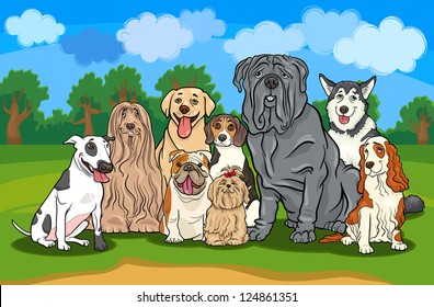 Cartoon Illustration of Funny Purebred Dogs or Puppies Group against Rural Landscape with Blue Sky