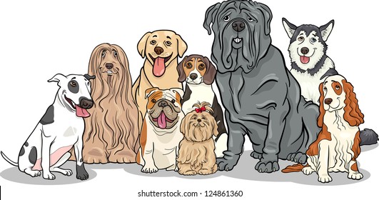 Cartoon Illustration of Funny Purebred Dogs or Puppies Group