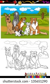 Cartoon Illustration of Funny Purebred Dogs like German Shepherd, Collie, Dalmatian, Basset Hound, Afghan Hound and Boxer for Coloring Book