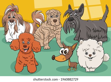 Cartoon illustration of funny purebred dogs and puppies comic animal characters group