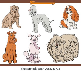 Cartoon illustration of funny purebred dogs comic characters set