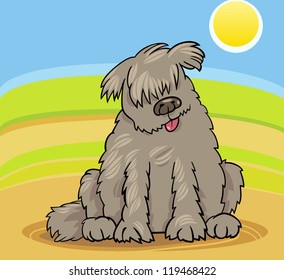 Cartoon Illustration of Funny Purebred Newfoundland Dog or Labrador Doodle or Briard against Blue Sky and Fields