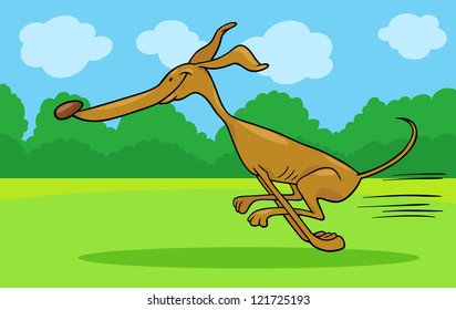 Cartoon Illustration of Funny Purebred Running Greyhound Dog against Rural Scene with Blue Sky and Green Grass