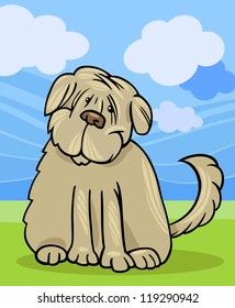 Cartoon Illustration of Funny Purebred Tibetan Terrier Dog or Labrador Doodle or Briard against Blue Sky and Green Grass