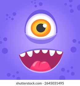 Cartoon illustration of a funny purple monster with one big yellow eye and a wide open mouth, showing its tongue sticking out on a purple background with circles..