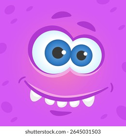 Cartoon illustration of a funny purple monster face with big eyes smiling and staring, perfect for children s book illustrations or Halloween designs
