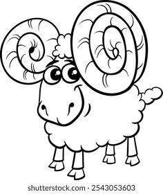 Cartoon Illustration von lustigen Ram Schaffarm Tier Charakter Malvorlage