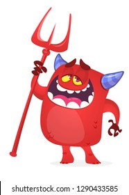 Cartoon illustration of funny red devil character with horns and trident. Vector