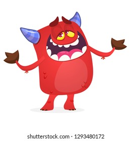 Cartoon illustration of funny red devil character with horns. Vector