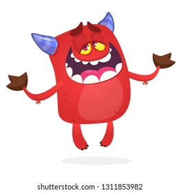 Cartoon illustration of funny red devil character with horns. Vector monster 