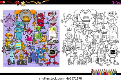 Cartoon Illustration of Funny Robot Characters Coloring Book Activity